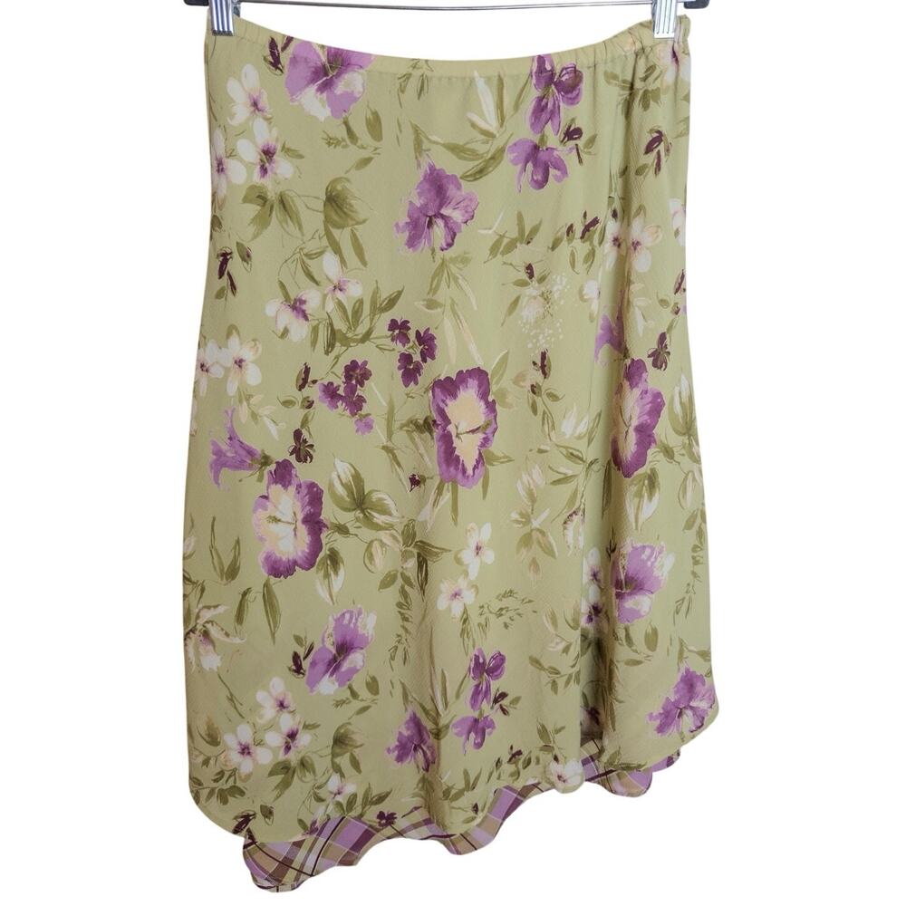 Y2K Emma James Floral Asymmetrical Midi Skirt Green Purple Size 12 - Picture 3 of 6